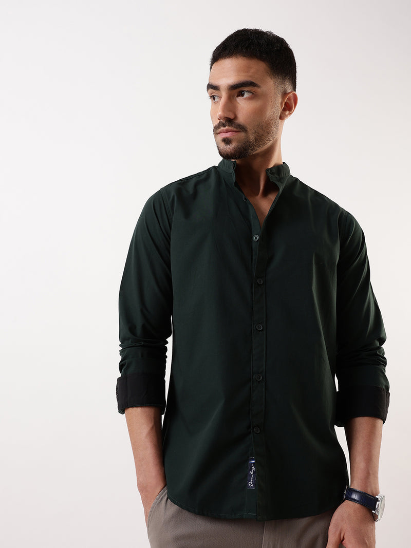 Men Bottle green Solid Mandarin Collar Full Sleeves Regular Fit Casual Shirt