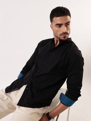 Men Black Solid Mandarin Collar Full Sleeves Regular Fit Casual Shirt