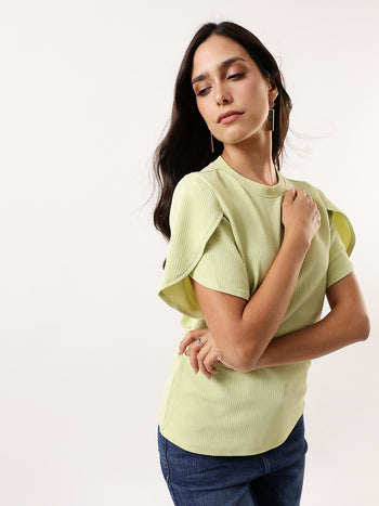 DL Woman Green Solid Textured Round Neck Petal Sleeves Top