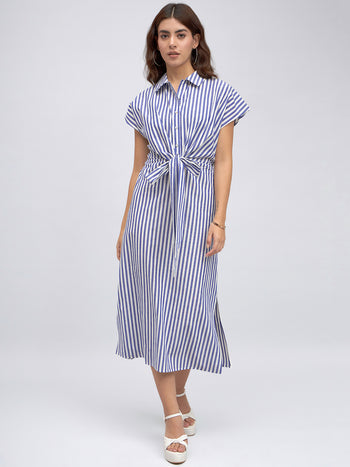 DL Woman Shirt Collar Regular Fit Striped Blue Tie-Up Midi Dress