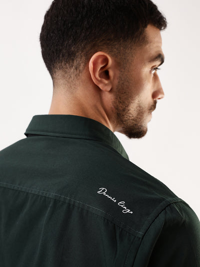 Men Bottle Green Solid Spread Collar Full Sleeves Regular Fit Casual Shirt