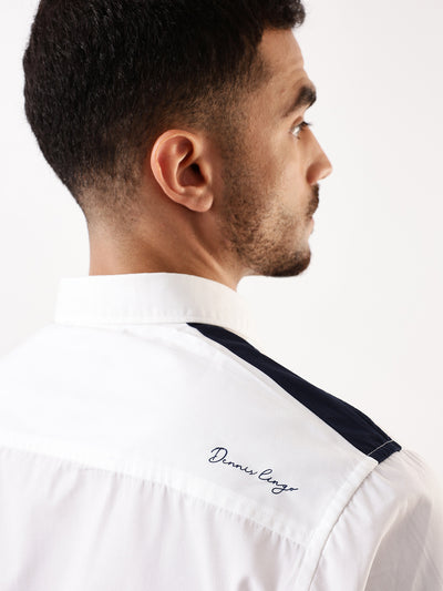 Men White & Navy Solid Spread Collar Full Sleeves Regular Fit Casual Shirt