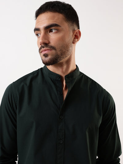 Men Bottle green Solid Mandarin Collar Full Sleeves Regular Fit Casual Shirt