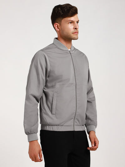 Men's Rib Collar Regular Fit Solid Grey Bomber Jacket