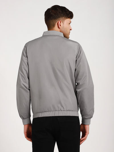 Men's Rib Collar Regular Fit Solid Grey Bomber Jacket