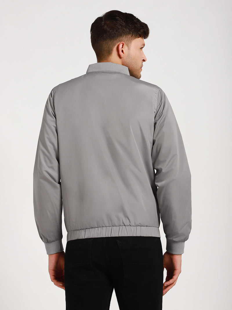 Men's Rib Collar Regular Fit Solid Grey Bomber Jacket