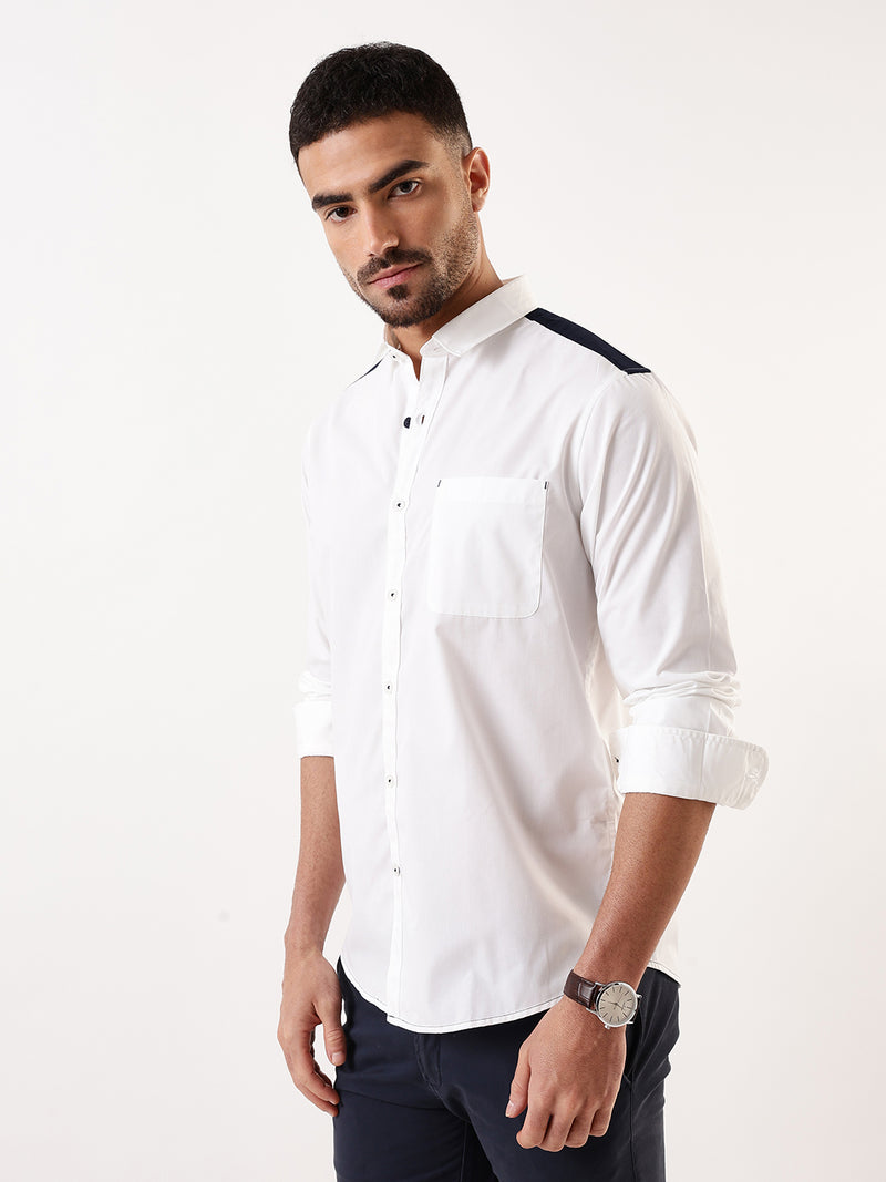 Men White & Navy Solid Spread Collar Full Sleeves Regular Fit Casual Shirt