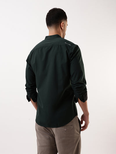 Men Bottle green Solid Mandarin Collar Full Sleeves Regular Fit Casual Shirt