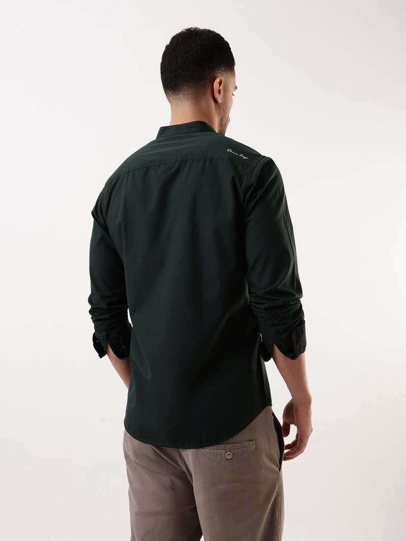 Men Bottle green Solid Mandarin Collar Full Sleeves Regular Fit Casual Shirt