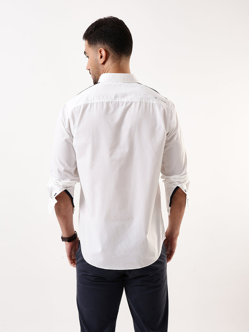 Men White & Navy Solid Spread Collar Full Sleeves Regular Fit Casual Shirt