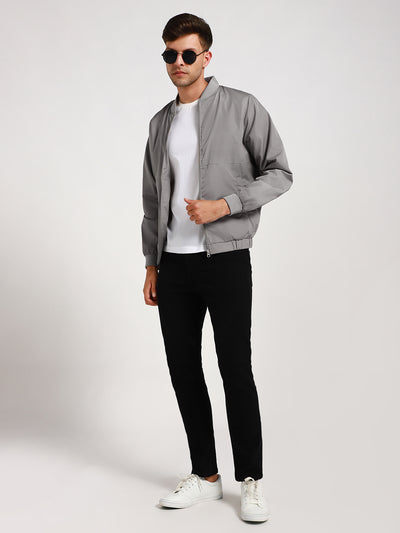 Men's Rib Collar Regular Fit Solid Grey Bomber Jacket
