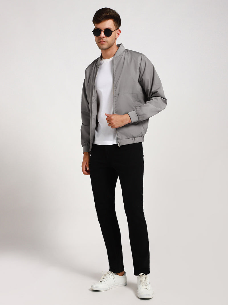 Men's Rib Collar Regular Fit Solid Grey Bomber Jacket