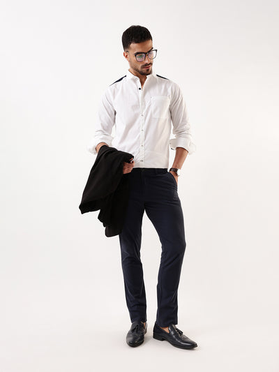 Men White & Navy Solid Spread Collar Full Sleeves Regular Fit Casual Shirt
