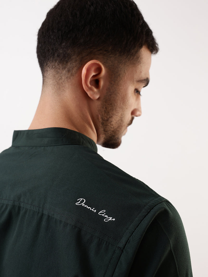 Men Bottle green Solid Mandarin Collar Full Sleeves Regular Fit Casual Shirt