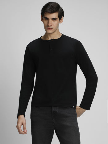 Men's Black Solid Full Sleeves Henley neck Casual T-Shirt
