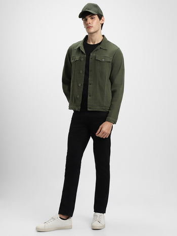 Men's Olive Washed Regular Fit Fit Collar Full Sleeves Denim Jacket Denim Jacket