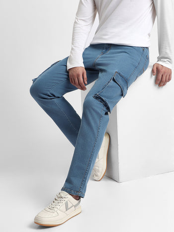 Men's Straight Cargo Fit Washed Indigo Stretchable Jeans