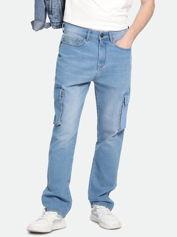 Men's Straight Cargo Washed LIGHT BLUE Stretchable Jeans