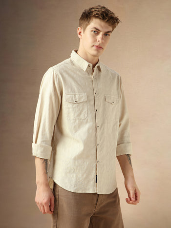 Men's Beige Cotton Spread Collar Full Sleeves Solid Shirt