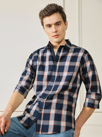 Men's Navy Tartan checks 100% Cotton Casual Shirt