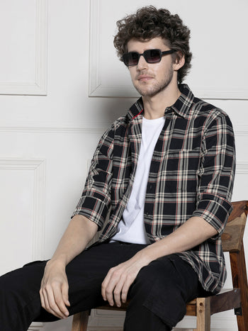 Men's Black Tartan Checks Casual Cotton Shirt