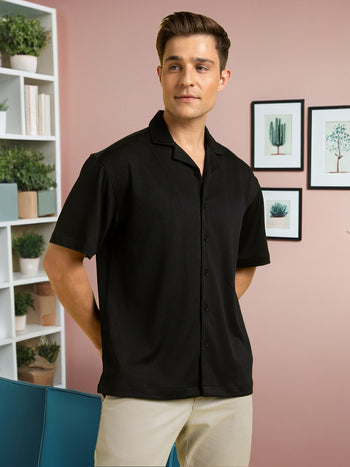 Men's Black Solid Textured Cuban Collar Full Sleeves Casual Shirt