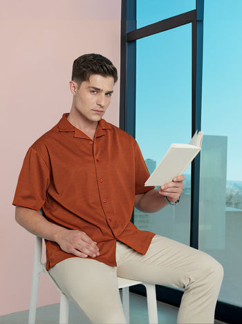 Men Rust Textured Cuban Collar Half Sleeves Relaxed Fit shirt