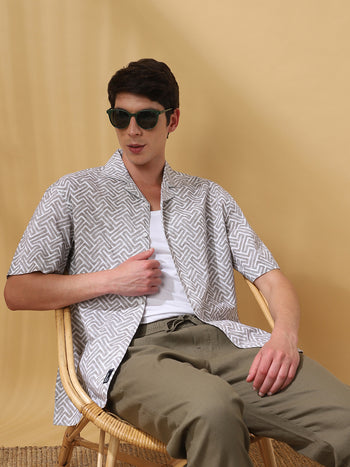 Men Printed Cuban Collar Short Sleeves Relaxed Fit Shirt
