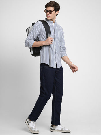 Men's Mandarin Collar Slim Fit Stripes Grey Casual Shirts