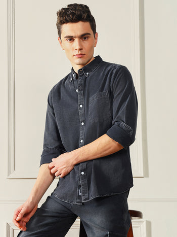 Men's Button Down Collar Slim Fit Washed Grey Denim Shirt