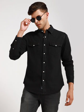 Men's Regular Collar Slim Fit Washed Grey Denim Shirt