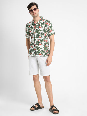 Men's Cuban Collar Regular Fit Print White Casual Shirts