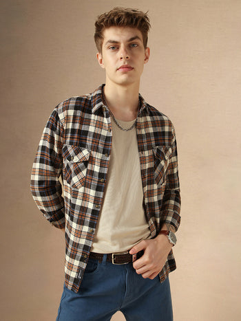 Men's Navy Flannel Checks Spread Collar Full Sleeve Relaxed Fit Shirt
