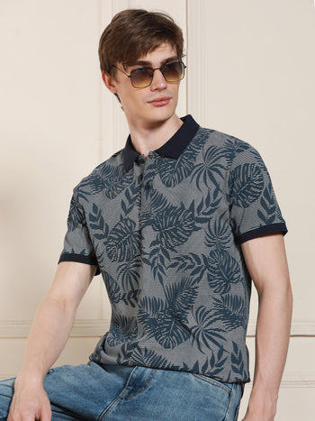 Men's Navy Printed Polo Collar Half Sleeves Casual T-Shirt