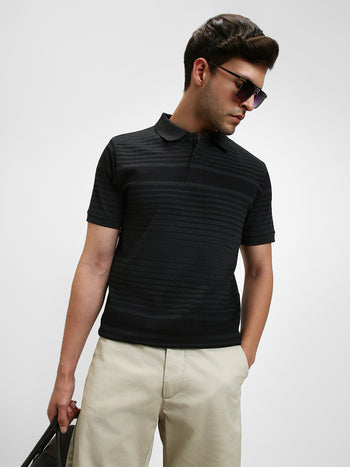 Men's Spread Collar Regular Fit Y/D Stripes Black T-Shirt