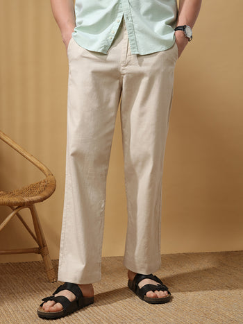 Men's Solid Cotton Slub Straight Fit Casual Trouser