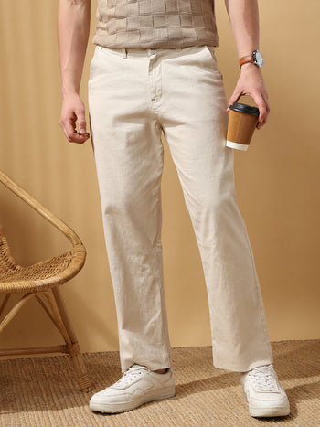 Men's Solid Cotton Slub Relaxed Fit Casual Trouser