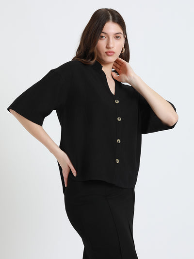 DL Woman Shirt Collar Relaxed Fit Solid Black Shirt
