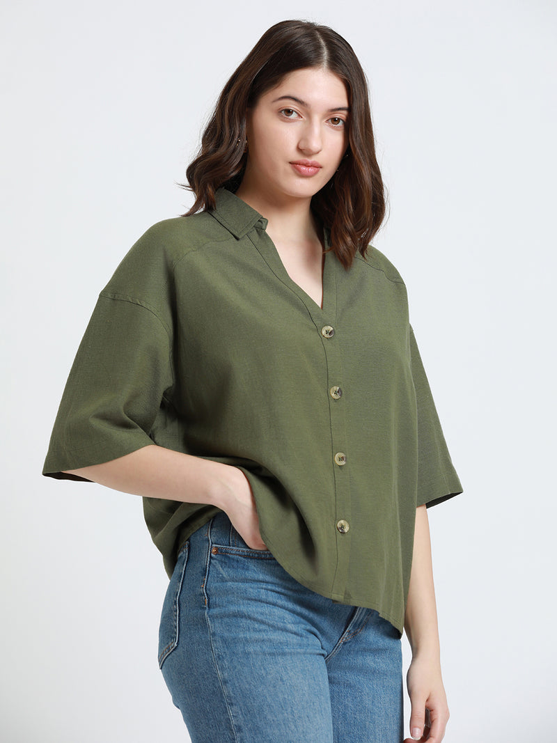 DL Woman Shirt Collar Regular Fit Solid Olive Shirt