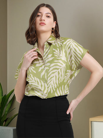 DL Woman Light Olive Floral Printed Extended Sleeves Relaxed Fit Casual Shirt