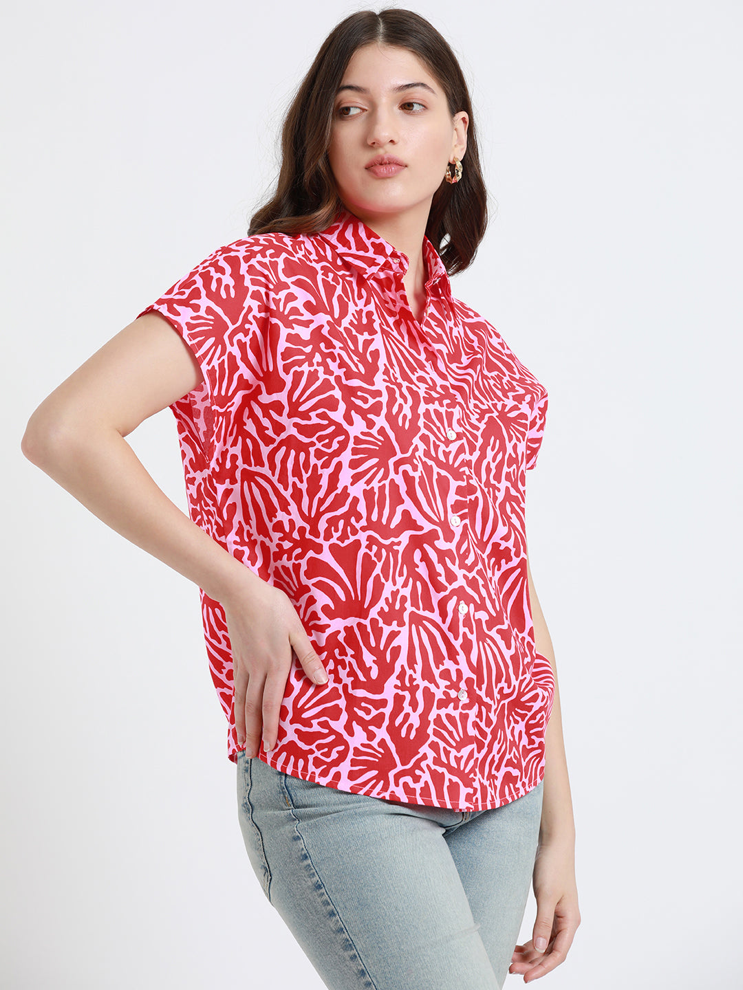 DL Woman Spread Collar Regular Fit Tropical Print Red Shirt