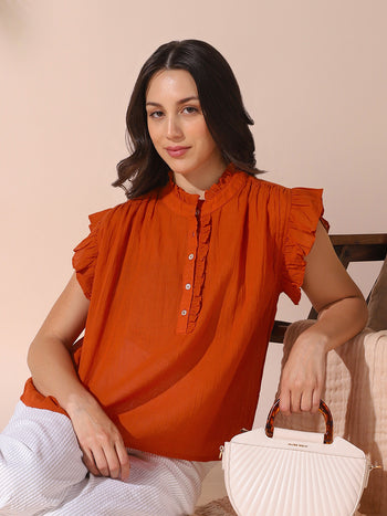 DL Woman Rust Solid Textured Sleeveless Round Neck Ruffle Top