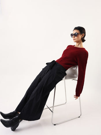 DL Woman Solid Round Neck Full Sleeves Crochet Sweater
