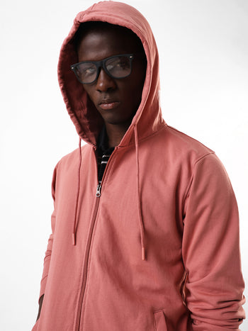 Men's Pink Solid Hooded Front-Open Fleece Sweatshirt