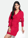 DL Woman V- Neck Regular Fit Solid Red Dress