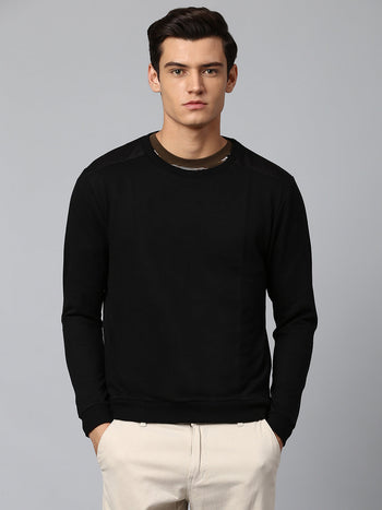 Men's Cotton Blend Full Sleeves Panelled Sweatshirt - Regular-Fit Crew Neck And Lightweight Casual Winterwear (Black)