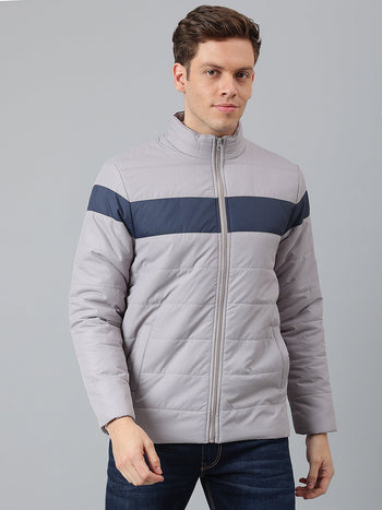 Men's Grey Regular Fit Winterwear Colorblock Puffer Jacket