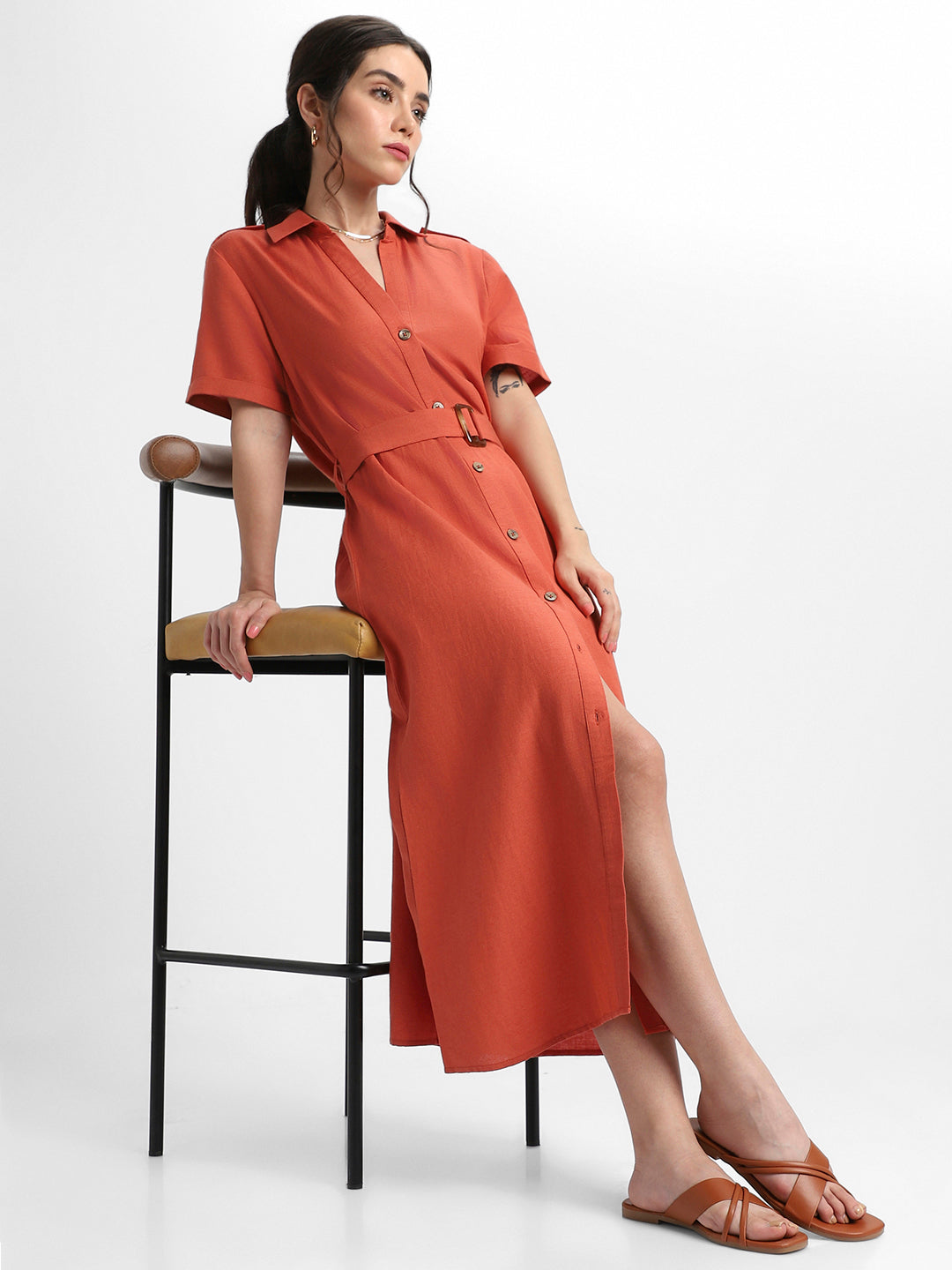 Dennis Lingo Women's Rust Mid Aline Shirt dress with belt & Short Sle
