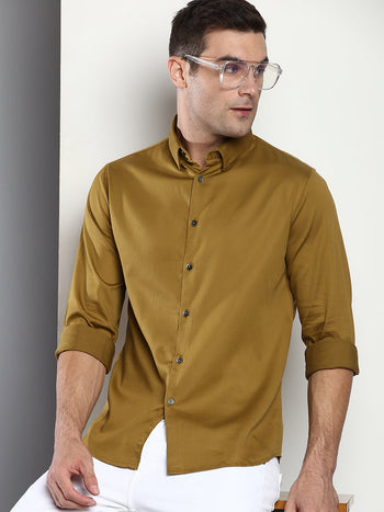 Men's Solid Slim Fit Satin Lycra Casual Shirt With Concealed Button Down & Full Sleeves
