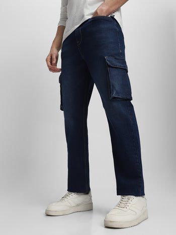 Men's Straight Cargo Fit Washed Indigo Stretchable Jeans